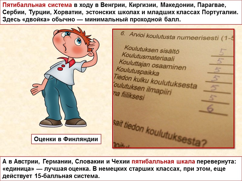 Пятибалльная система в ходу в Венгрии, Киргизии, Македонии, Парагвае, Сербии, Турции, Хорватии, эстонских школах